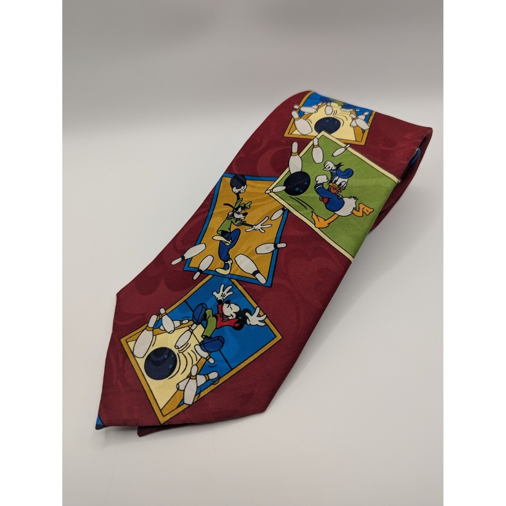Disney Mickey Unlimited Mens Bowling Tie Mickey Donald Goofy Maroon Vintage NEW